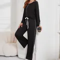 Schwarzes Damen-Schlafanzugset mit langen Ärmeln und weißen Paspeln für zu Hause - S / Oberteil Und Unterteil / Schwarz