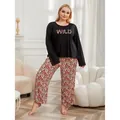 Plus size black long sleeve pajama set with leopard print WILD text and pants. - 1XL / Top And Bottom / Black