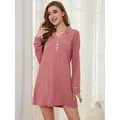 Elegant pink long-sleeved sleepwear dress for women with white contrast piping details - M / Tops / Dark Pink