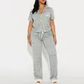 Comfortable women's two-piece heather grey pajama set featuring short sleeve and long pants. - Light Grey Printed (ZSM51)
