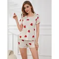 Comfortable women's cream two-piece pajama set with red heart prints and short sleeves - S / Top And Bottom / Off White