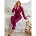 Elegant burgundy two-piece long sleeve pajama set with white piping for women home wear - S / Top And Bottom / Burgundy