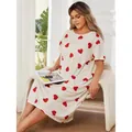 Comfortable plus size short sleeve nightdress featuring red heart print on cream fabric - 1XL / Tops / Yellow
