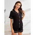 Classic black short sleeve pajama set with white piping for women's soft home wear - S / Top And Bottom / Black