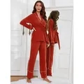 Two-piece red long sleeve pajama set with white piping for women home wear - S / Top And Bottom / Brick Red