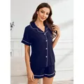 Women's navy blue two-piece pajama set with white piping, short sleeve and shorts. - S / Top And Bottom / Navy Blue