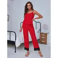 Red striped camisole and pants pajamas set with black lace trim for women's summer loungewear - S / Top And Bottom / Red Stripes