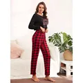 Women's red and black plaid pajama set with black crop top and long pants. - S / Top And Bottom / Black (20135-Black)