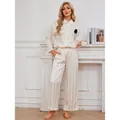 Champagne striped satin pajama set for women, featuring long sleeves and loose pants - M / Top And Bottom / Champagne