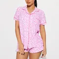 Pink heart print two-piece summer pajama set with short sleeves and ruffled shorts for women. - Pink Heart Print