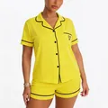 Yellow short-sleeve women's pajama set with black trim and heart pocket embroidery - Yellow