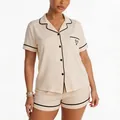 Short-sleeve modal pajama set with black contrast piping and heart pocket detail. - Beige