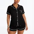 Elegant black women's summer pajama set with short sleeves, shorts, and heart pocket detail - S / Top And Bottom / Black