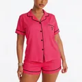 Pink women's short sleeve pajama set with black piping and heart print - S / Top And Bottom / Rose Red