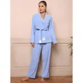 Elegant women's light blue robe style pajama set with long sleeves and tie-waist sash - M / Top And Bottom / Sky Blue