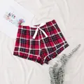 Red plaid pajama shorts for women with white bow and piping detailing - S / Bottoms / Red Blue White Plaid
