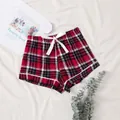 Pantalones cortos de pijama a cuadros rojos para mujer con lazo blanco - S / Bottoms / Cuadros Rojo Azul Blanco
