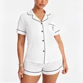 Summer women's white modal pajama set with short sleeves and black contrast piping - S / Top And Bottom / White