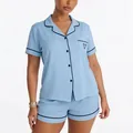 Women's light blue short sleeve pajama set with heart embroidery and dark blue piping - Light Blue
