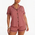 Women's two-piece dusty pink pajama set with short sleeves and black piping - Deep Pink