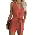 Detailed view of a sleeveless V-neck romper in terracotta red with a bow belt. - Orange