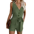 Detail of women's olive green V-neck sleeveless romper with button front and tie waist - Army Green