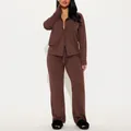 Women's two-piece brown pajama set with long sleeve shirt and wide-leg pants - S / Top And Bottom / Brown