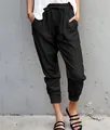 Schlanke schwarze Baumwoll-Leinen-Jogginghose für Damen mit Kordelzug und Taschen - S / Unterteile / Schwarz