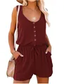 Close-up of a burgundy sleeveless romper with button detail and drawstring waist. - S / Top And Bottom / Burgundy