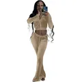 Khaki two-piece velvet tracksuit featuring zip-up crop top and flared pants - Khaki