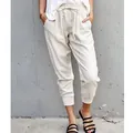Damen Sommer Baumwolle Leinen Kordelzug Freizeithose schmal geschnittene 9/10 Hose - S / Unterteile / Weiß