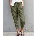 Casual women's olive green cotton linen cropped pants with a drawstring waist - Army Green