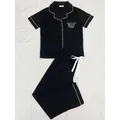 Pyjama noir à manches courtes pour femmes avec broderie Blessed Mama et liseré blanc - S / Haut Et Bas / TR83-Noir