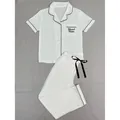 Pyjama blanc femme manches courtes avec broderie Blessed Mama et liseré noir - S / Haut Et Bas / TR83-Blanc