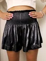 High-waisted black shimmering shorts with smocked elastic waistband for women - Black