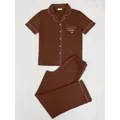Pyjama deux pièces marron pour femme avec liseré rose et broderie Awake-ish - TR85-Marron
