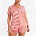Women's stylish summer red and white striped short sleeve pajama set with shorts - S / Top And Bottom / Red and White Striped