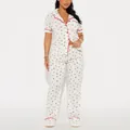 Comfortable women's white cherry print two-piece pajama set with red piping detail - S / Top And Bottom / Beige Cherry (NNS180)