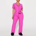 Women's pink polka dot pajama set featuring a short sleeve lapel top and long pants - Roseo Polka Dot (NNS179)