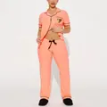 Soft coral pink two-piece women's pajama set with short-sleeve top and long pants - Orange Heart (TR89)