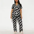 Women's 2-piece floral pajama set with notched collar top and long pants in black - White Rose (RM118-White)