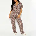 Red and black leopard print pajama set with short sleeve top and long pants for women - Red Leopard (RM118-Red)