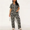Two-piece floral print pajama set with short-sleeve lapel top and long pants homewear - Black Floral (RM122-Black)