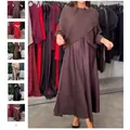 Elegant winter solid color midi dress with round neck and three-quarter sleeves for women - S / Brown Purple