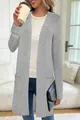 Eleganter langer grauer Damen Strickcardigan mit Rippmuster und Taschen, lockerer Stil - 1XL / Oberteile / Grau