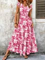 Close-up detail of an elegant pink vintage floral print maxi dress with V-neckline - Pink with Bamboo Leaf Print