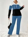 Stylish women's color-block hooded 2-piece tracksuit set with ribbed fabric texture - 1XL / Top And Bottom / Blue