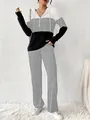 Fashionable women's color-block hooded sweatshirt and pants two-piece set in gray and black - 1XL / Top And Bottom / Gray