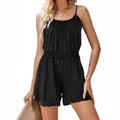 Casual black sleeveless romper featuring a cinched waist and pleated neckline for summer - S / Top And Bottom / Black