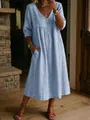 Detailed look at the white lace trim on a light blue V-neck faux denim midi dress - S / Tops / Light Blue